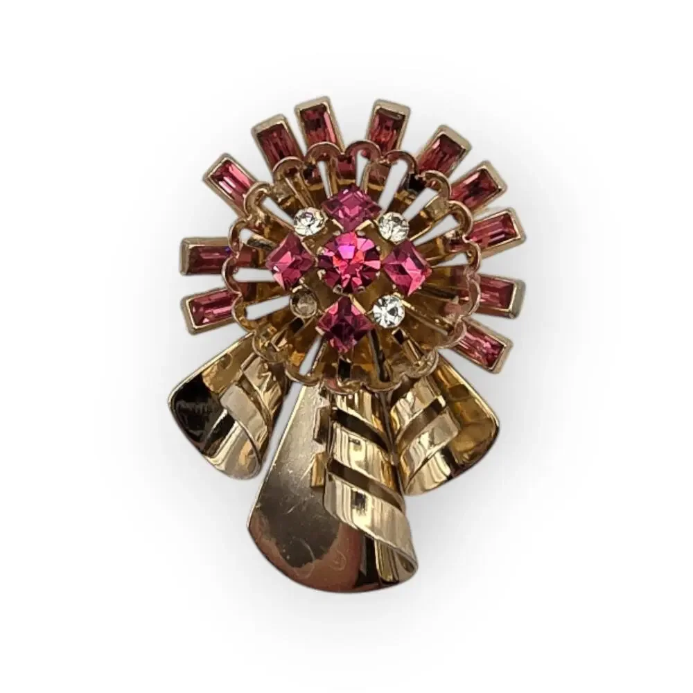 Pink Rhinestone Ribbon Bow Brooch Pendant Gold Tone Vintage Mid-Century Glamour